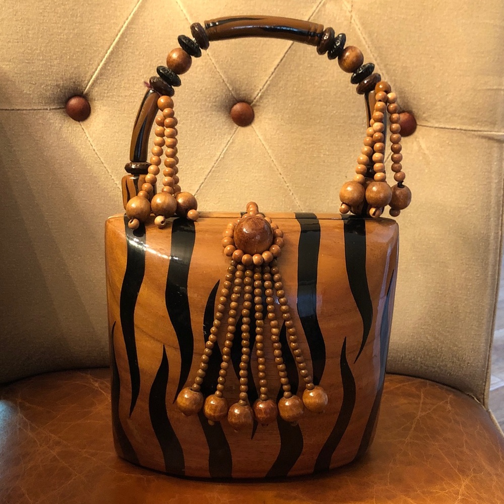 Timmy Woods Wooden Bead Handle 🐅Tiger-Stripe Tote Bag - Brown/black